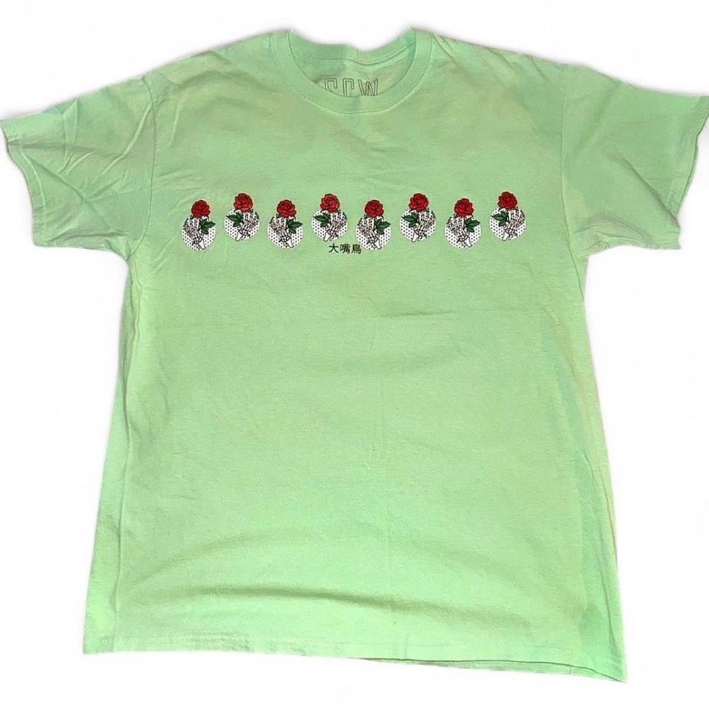 Men Floral Flower Graphic Mint Green Vintage Asian letter trendy tee L T-Shirt